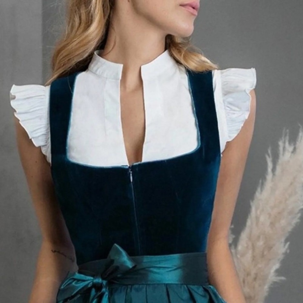 New Small White Ruffle Sleeve Dirndl Undershirt Top Long High V Neck Blouse